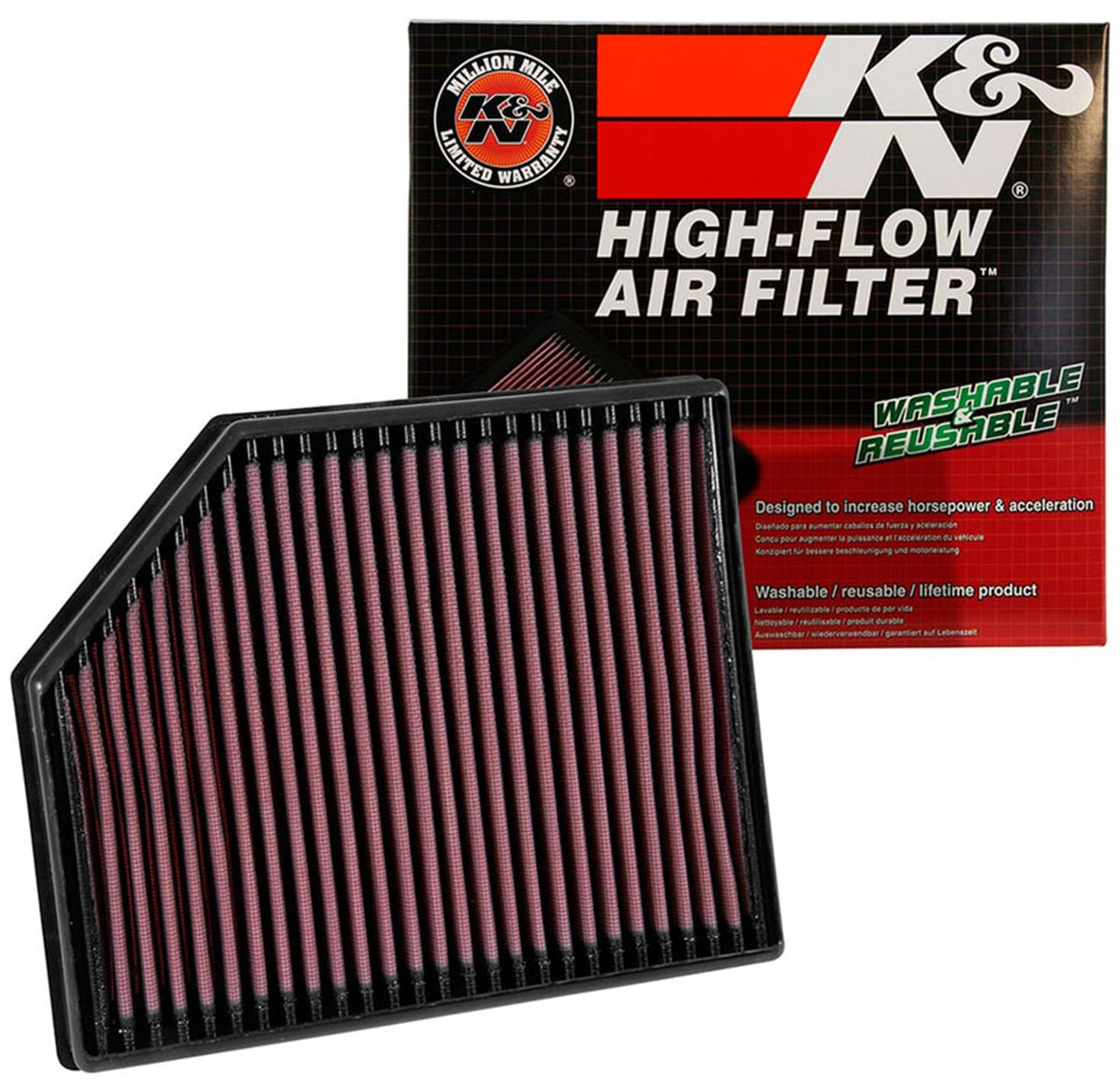 K&N front packaging showing 33-3065 and clear fitment for Volvo models