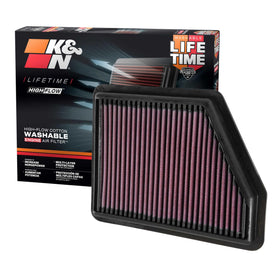 K&N front packaging 33-5045 showing ready-to-install filter and benefits