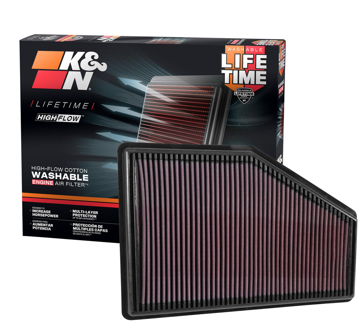 K&N front packaging 33-5049 showing product identity and easy install benefit