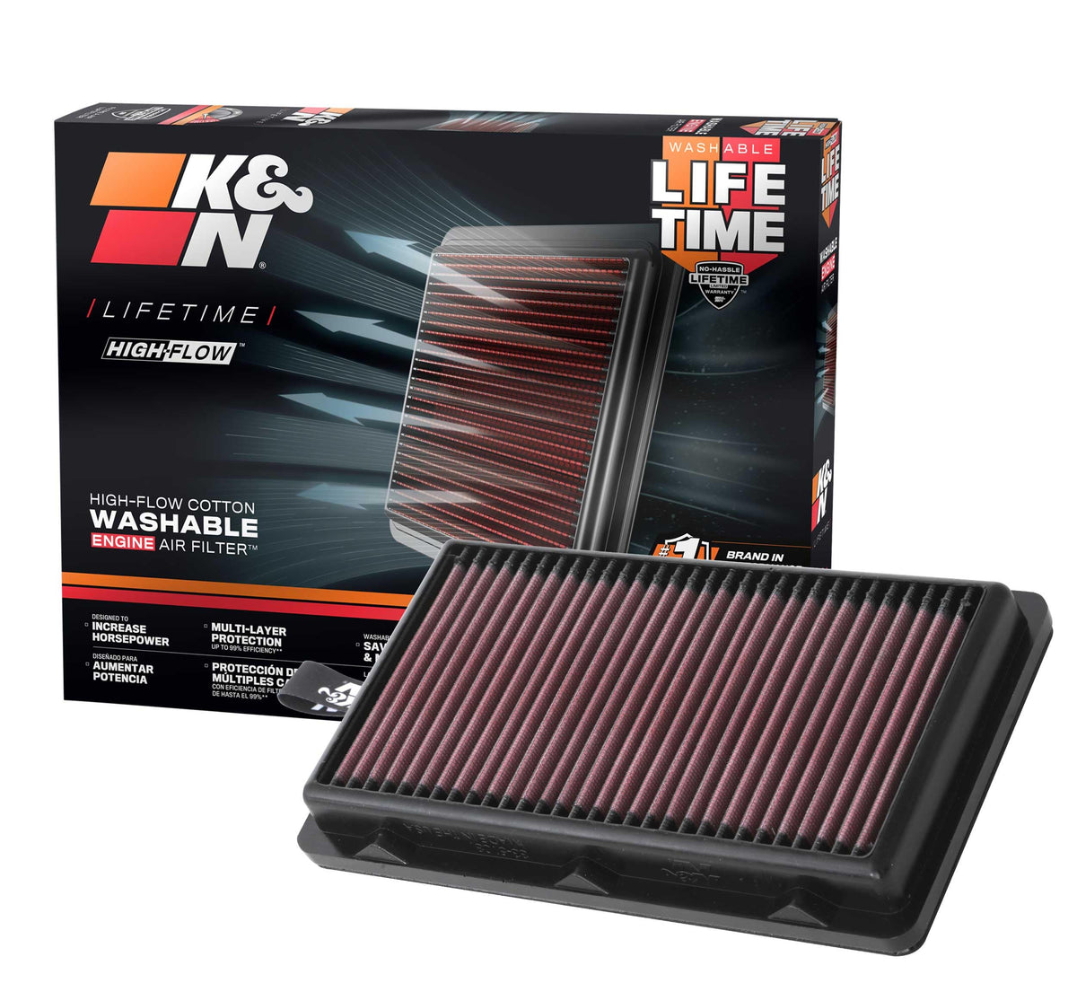 K&N front packaging 33-5108 showing brand and model, clear product ID benefit