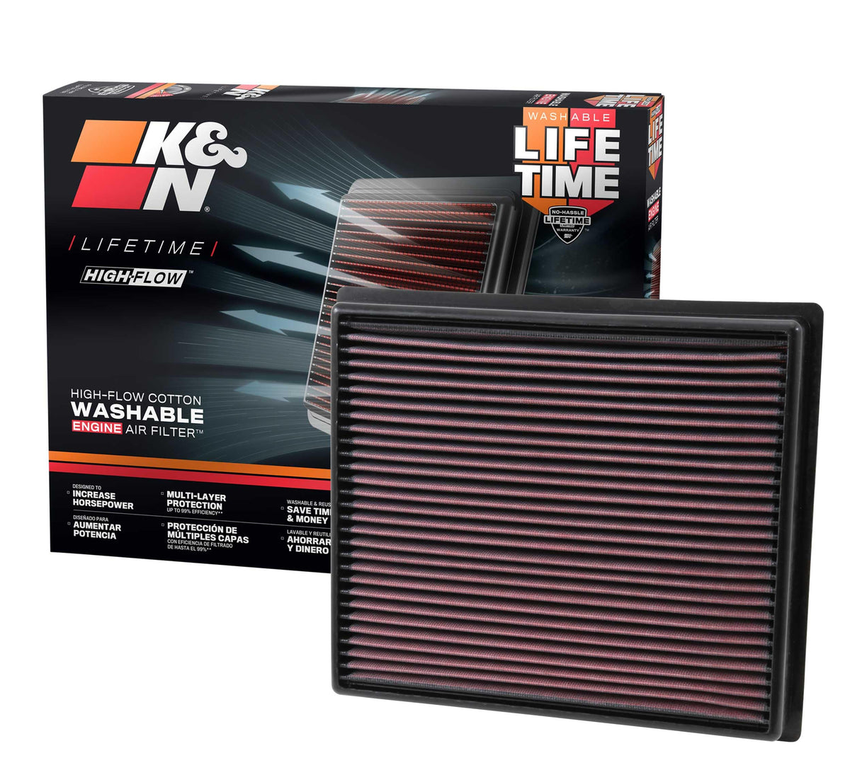K&N front view showing 33-5017 filter ready to drop into factory airbox benefits improved airflow