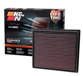 K&N front view showing 33-5017 filter ready to drop into factory airbox benefits improved airflow
