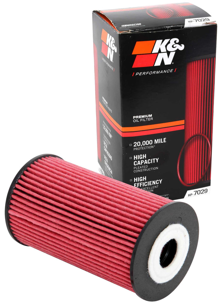 K&N HP-7029 front view showing durable canister and label benefit: reliable fit