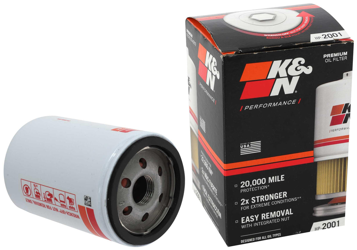 K&N HP-2001 front view showing durable canister and sealing gasket benefit