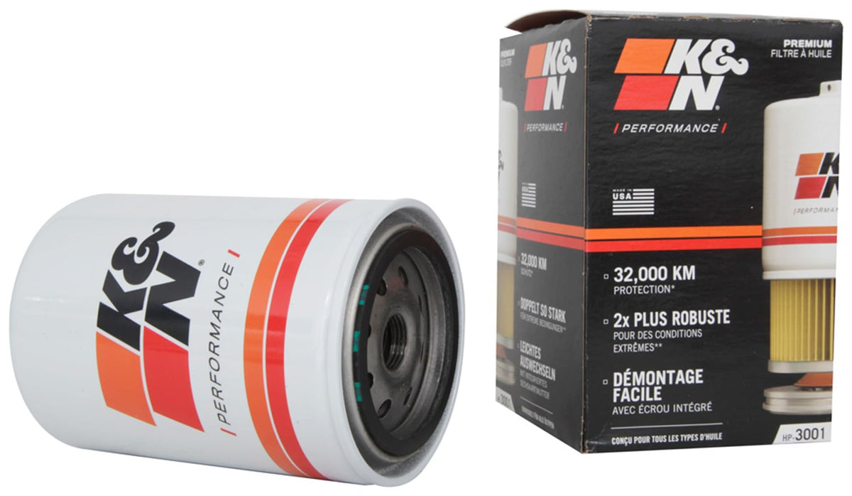 K&N HP-3001 front view showing durable canister and hex nut for fast removal