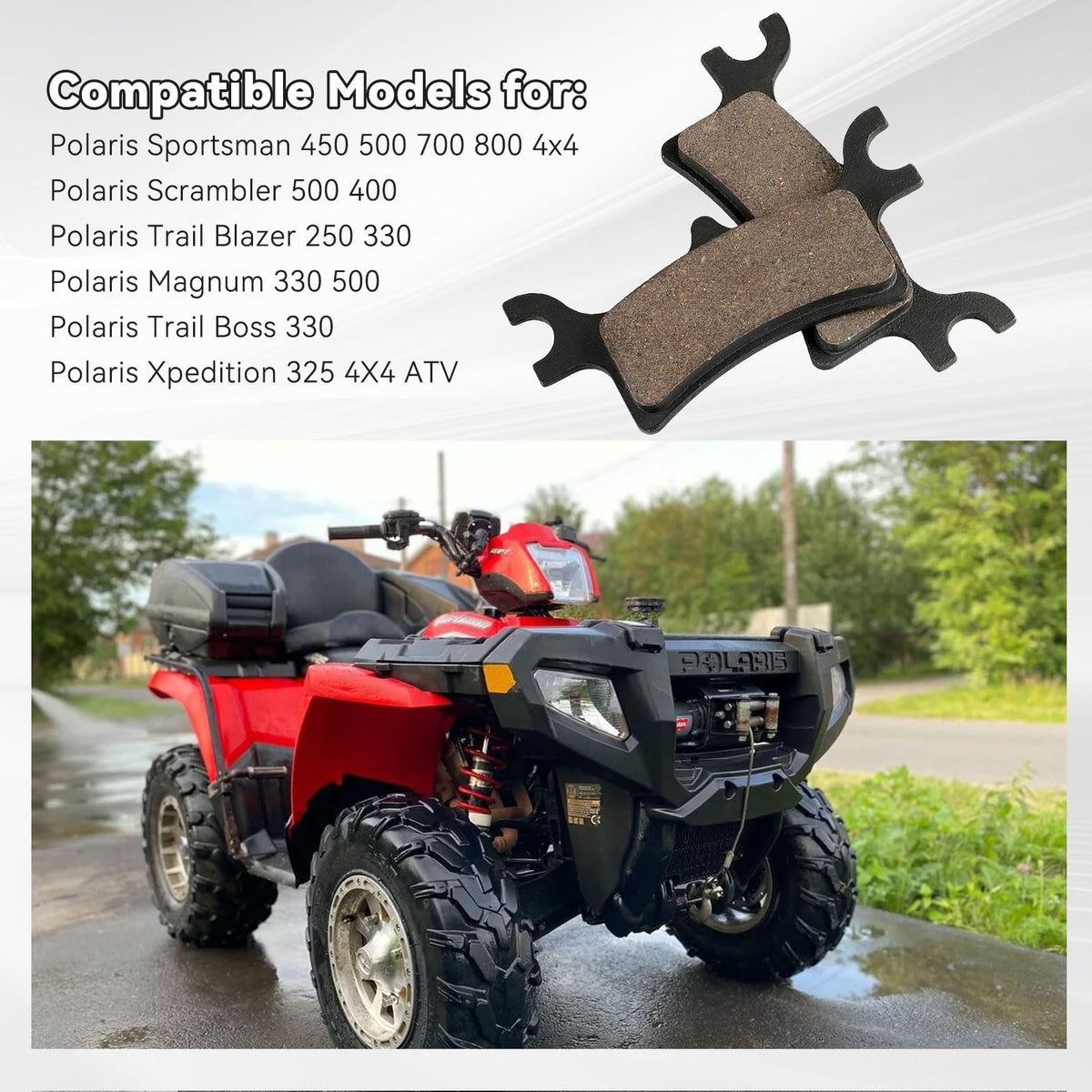 Kabing rear pads fitted to Polaris Sportsman showing restored braking control