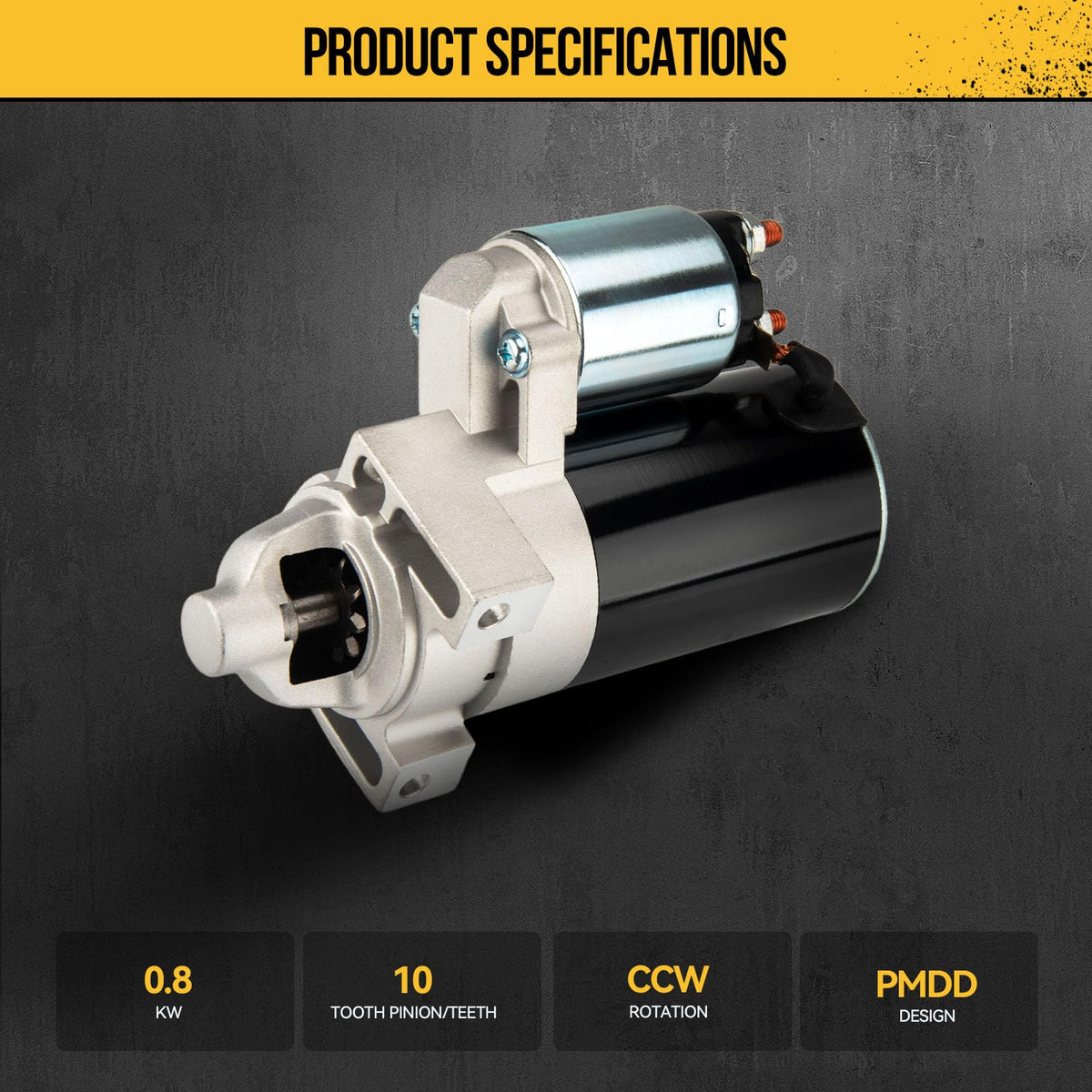 KAC starter close-up of 10-tooth pinion gear for secure engagement