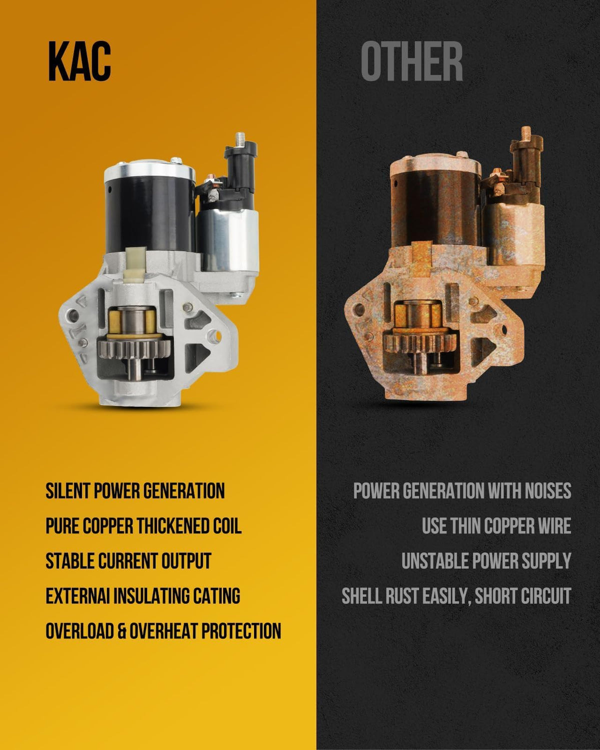 KAC starter schematic and label close-up showing reference part numbers and specs