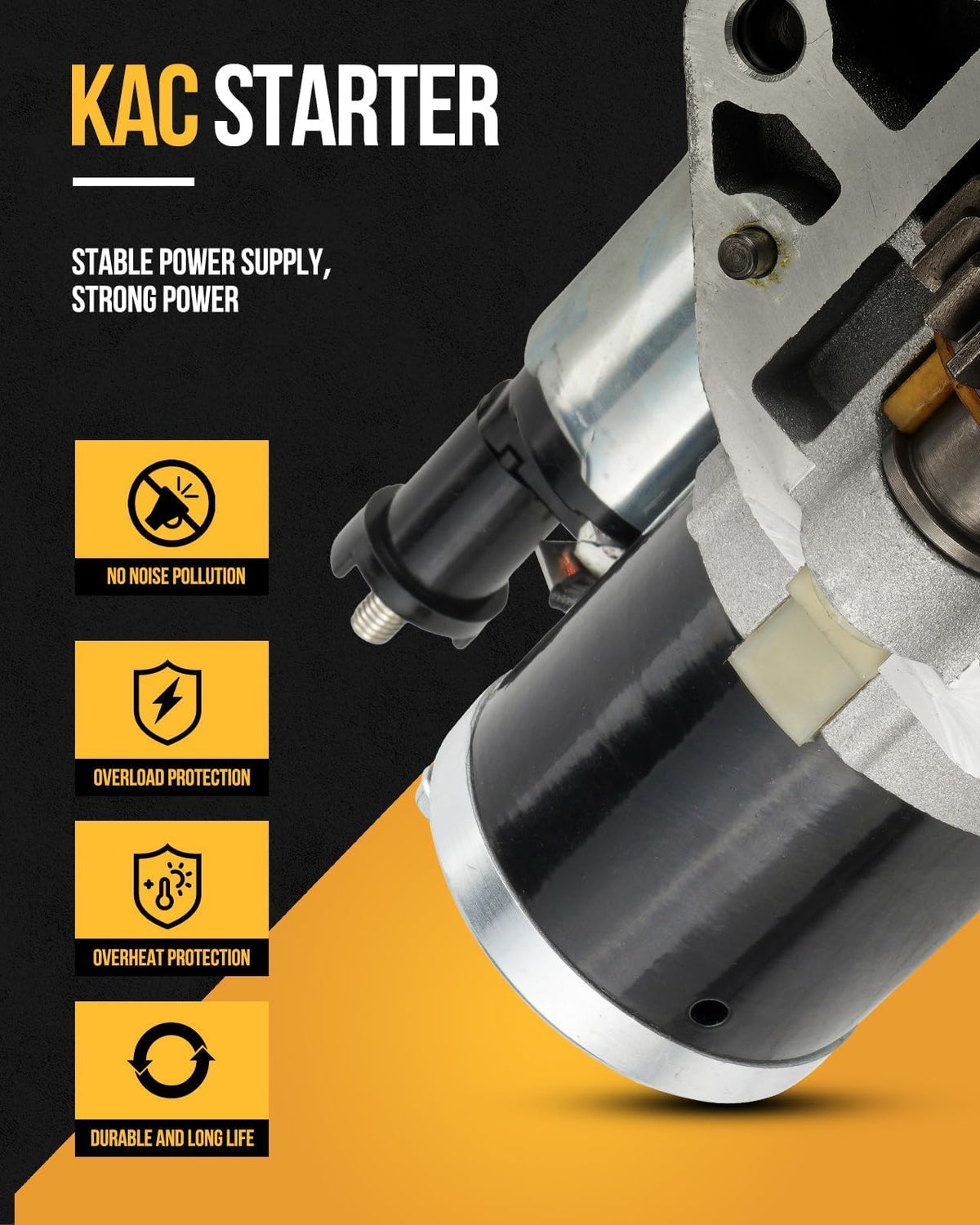 KAC starter beside a tape measure showing compact size and simple replacement benefit