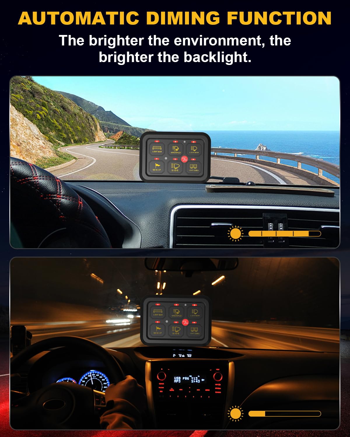 KACOLA dimmer sensor detail showing ambient sensing for glare-free backlight