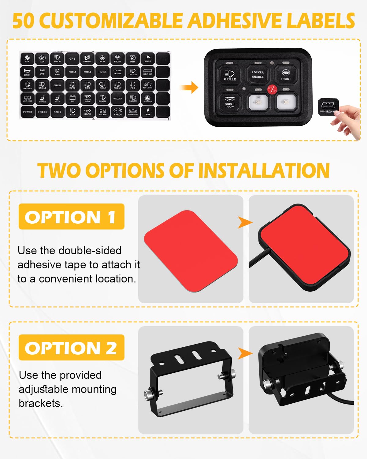 KACOLA accessory labels and brackets for customizable, tidy switch identification