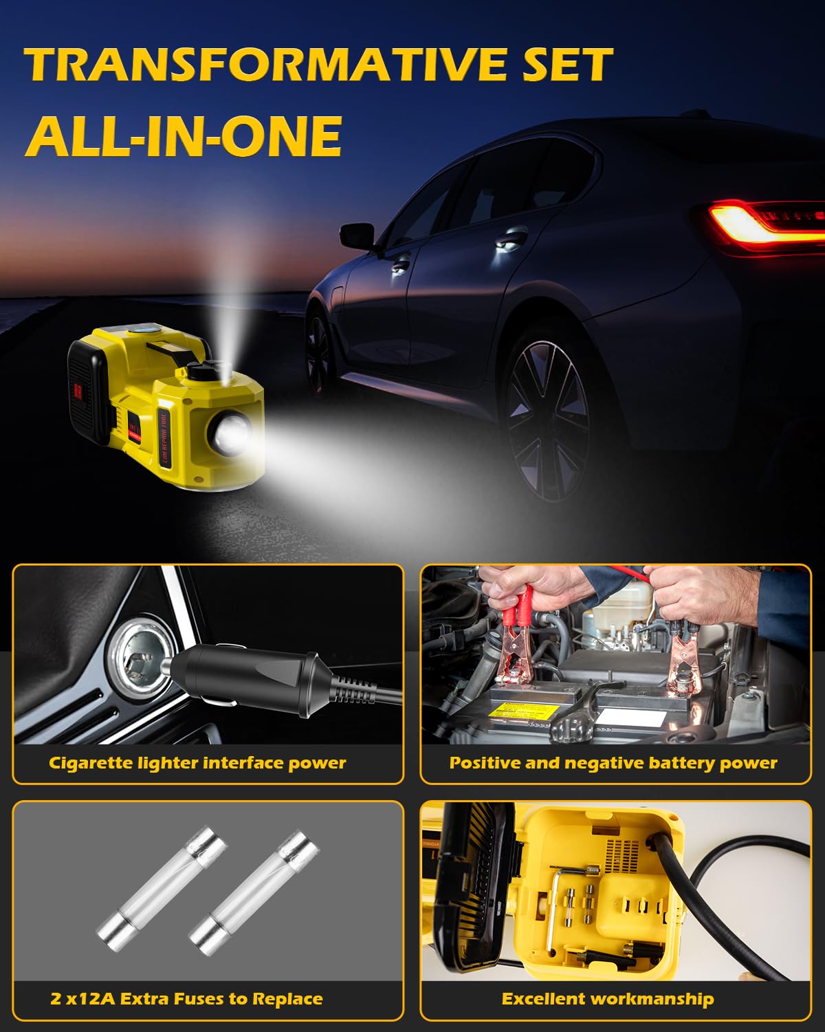 KACOLA power cables with cigarette lighter plug and battery clamps for dual power
