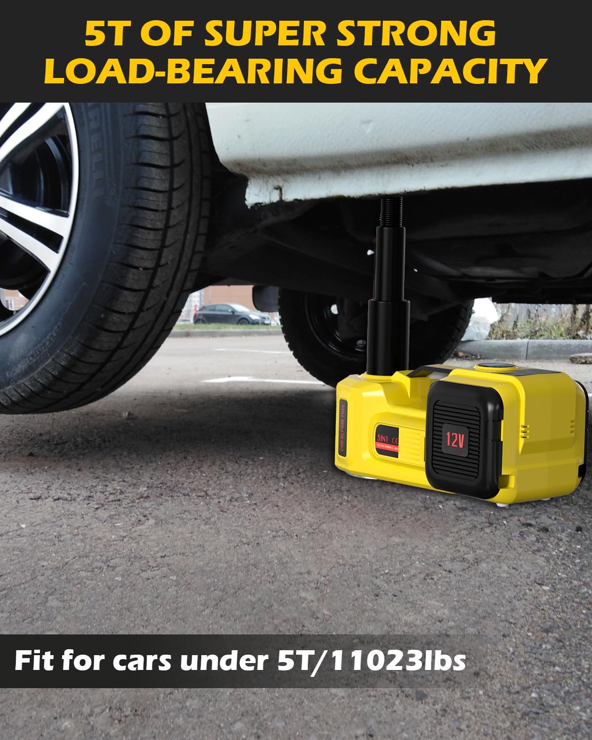 KACOLA jack beside a sedan for scale to show lifting range and vehicle fit