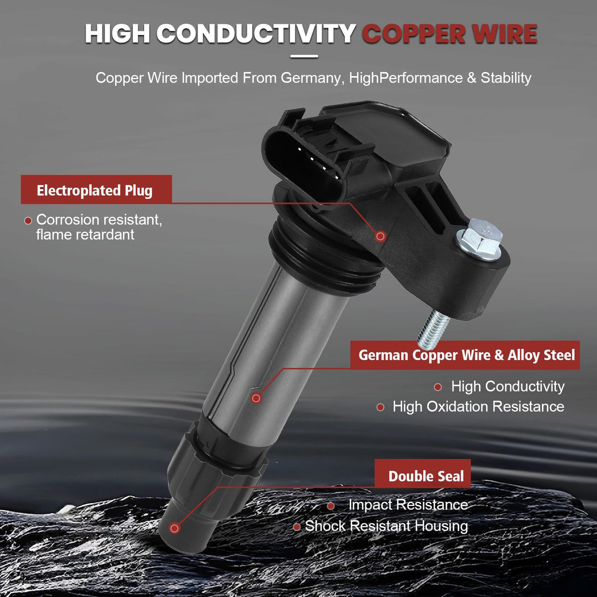 KacuYelin ignition coil close-up highlighting copper winding and corrosion resistance benefit
