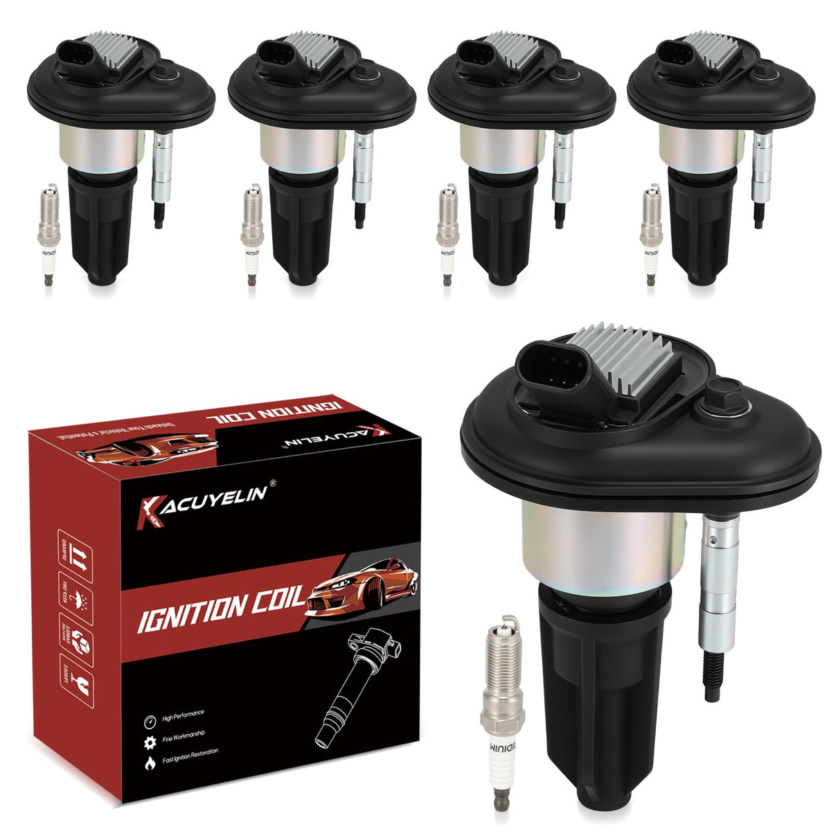 KacuYelin UF303 coil pack front view showing plug ports and benefit of direct-fit replacement