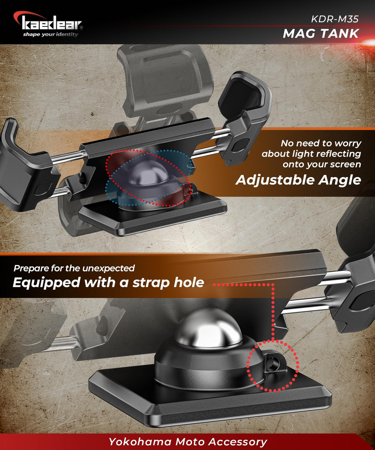 Kaedear mount beside smartphone showing arm width and thickness compatibility, clear scale