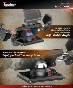Kaedear mount beside smartphone showing arm width and thickness compatibility, clear scale