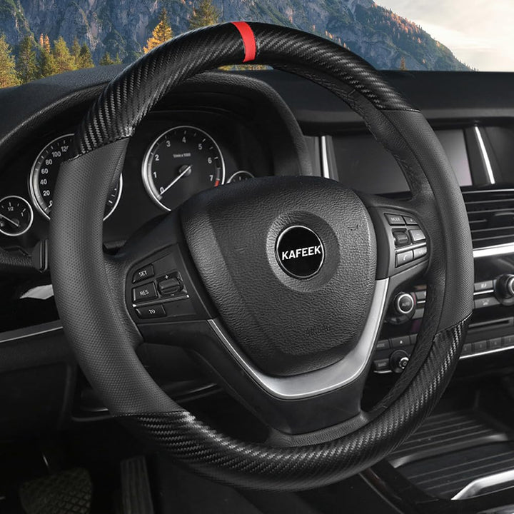 KAFEEK front view of black steering wheel cover showing design and fit benefits