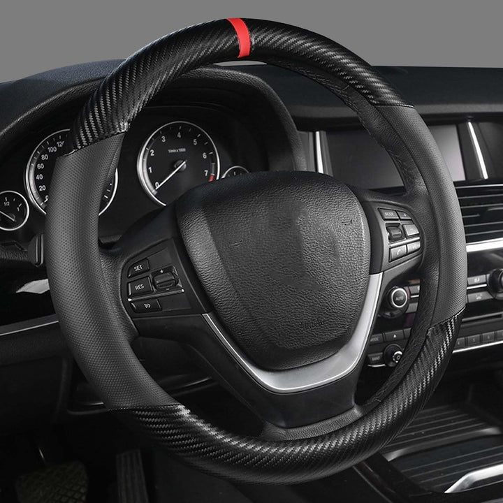 KAFEEK front view of black steering wheel cover showing sleek look and protection
