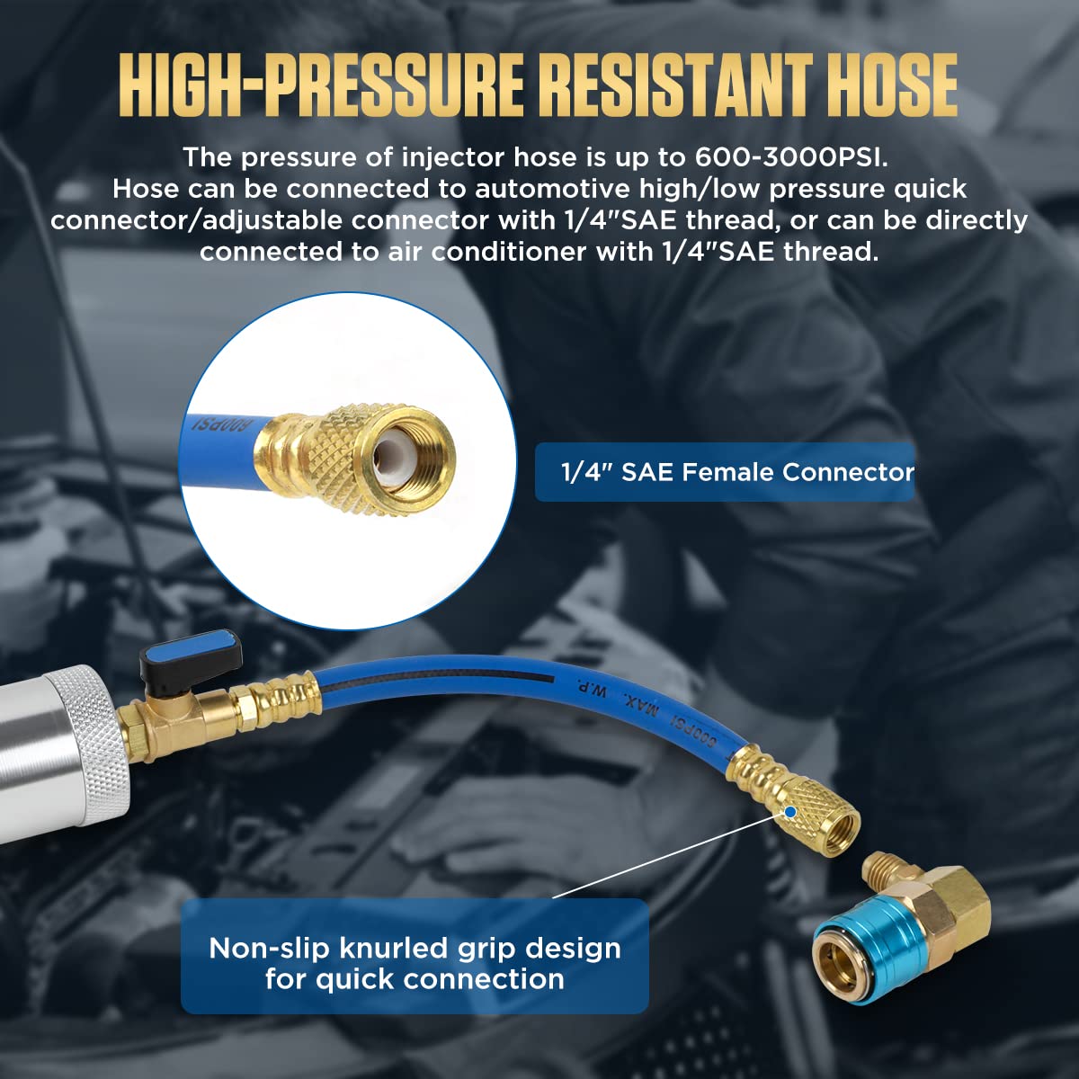 KAISAL injector attached to car AC low-side port demonstrating fast service