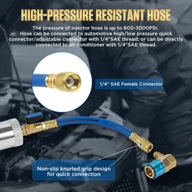 KAISAL injector attached to car AC low-side port demonstrating fast service