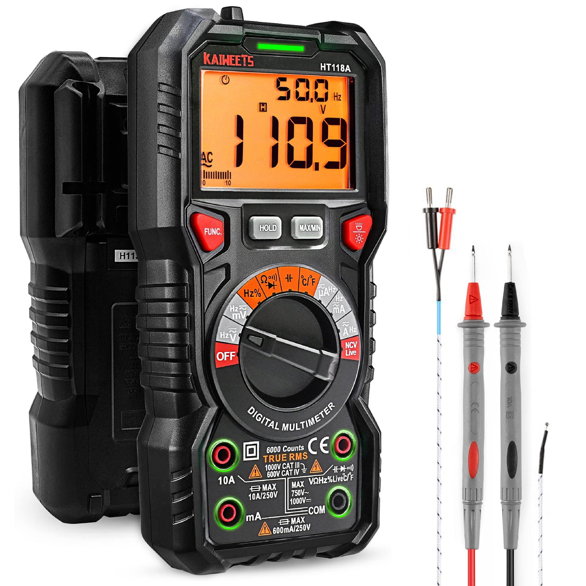 KAIWEETS HT118A front display showing large backlit screen and readings for easy viewing