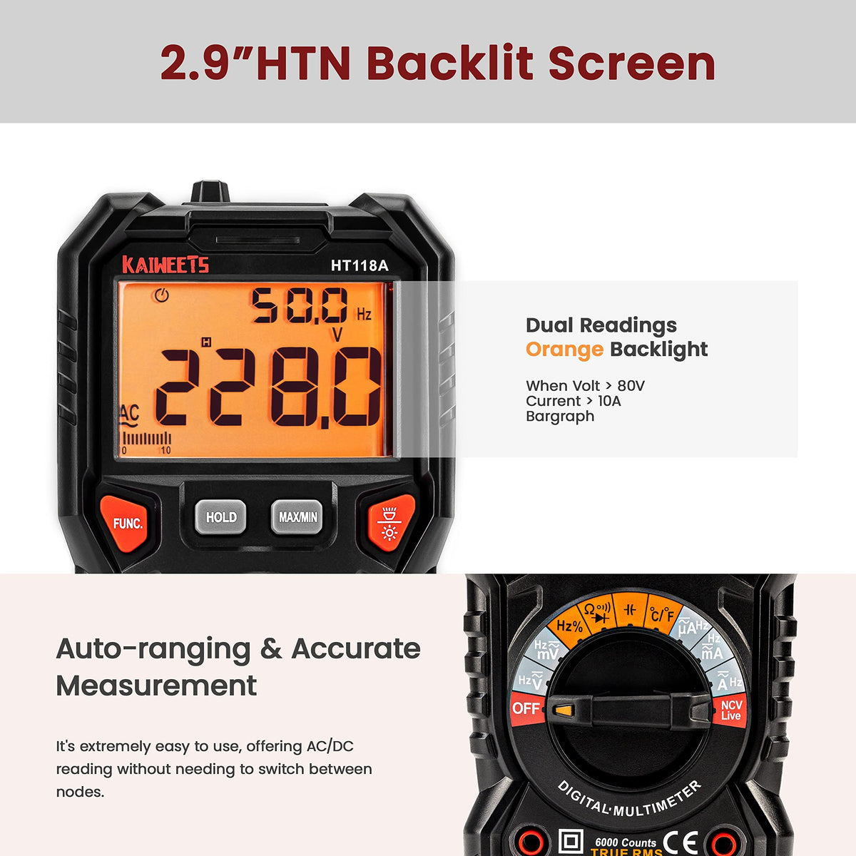 KAIWEETS HT118A included probes and thermocouple displayed ready for temperature and current tests
