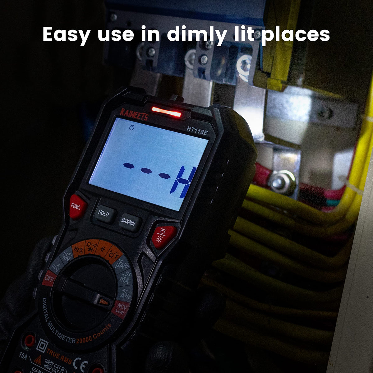 KAIWEETS HT118E NCV live detection in use with audible and visual alerts