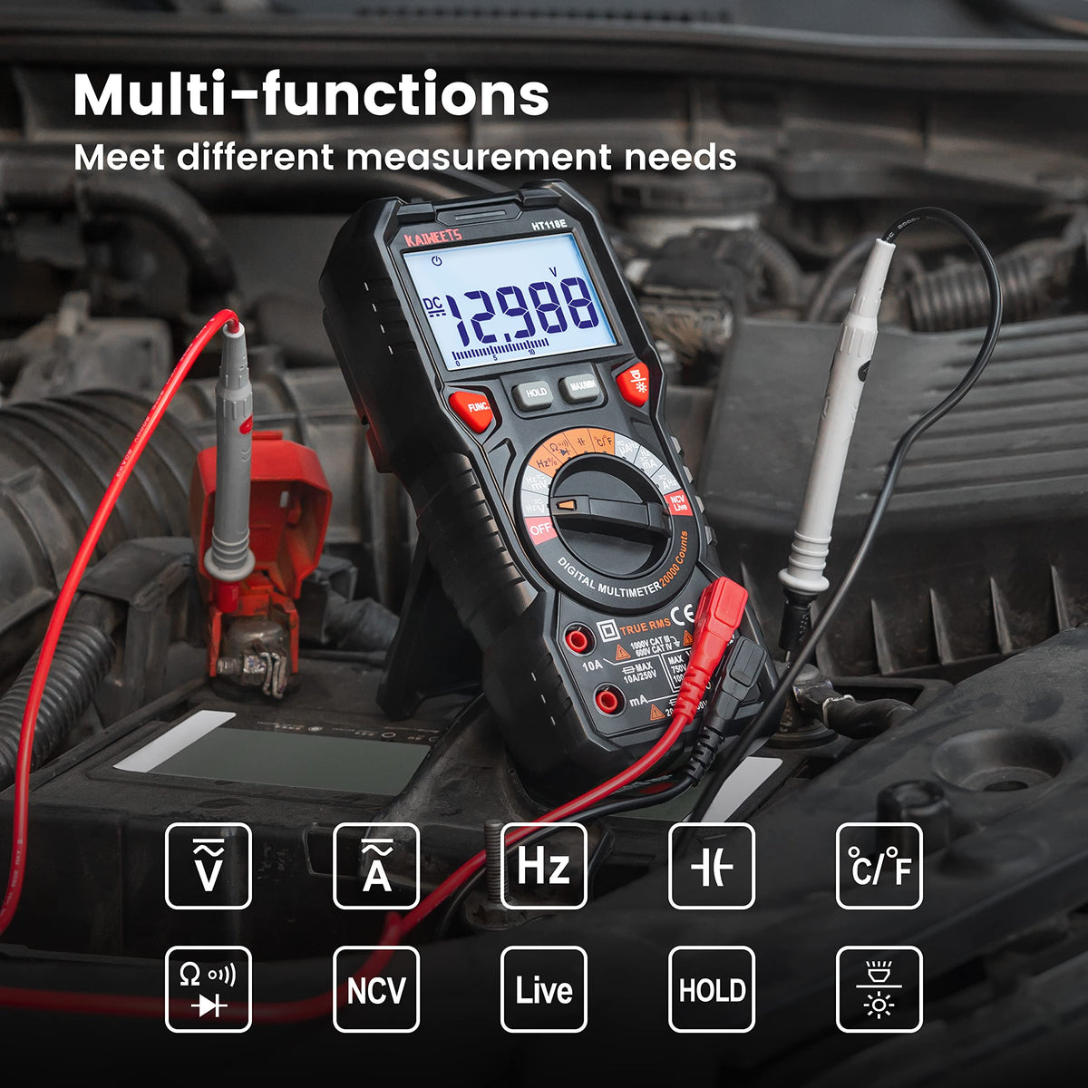 KAIWEETS HT118E probes and illuminated jacks guiding correct probe placement