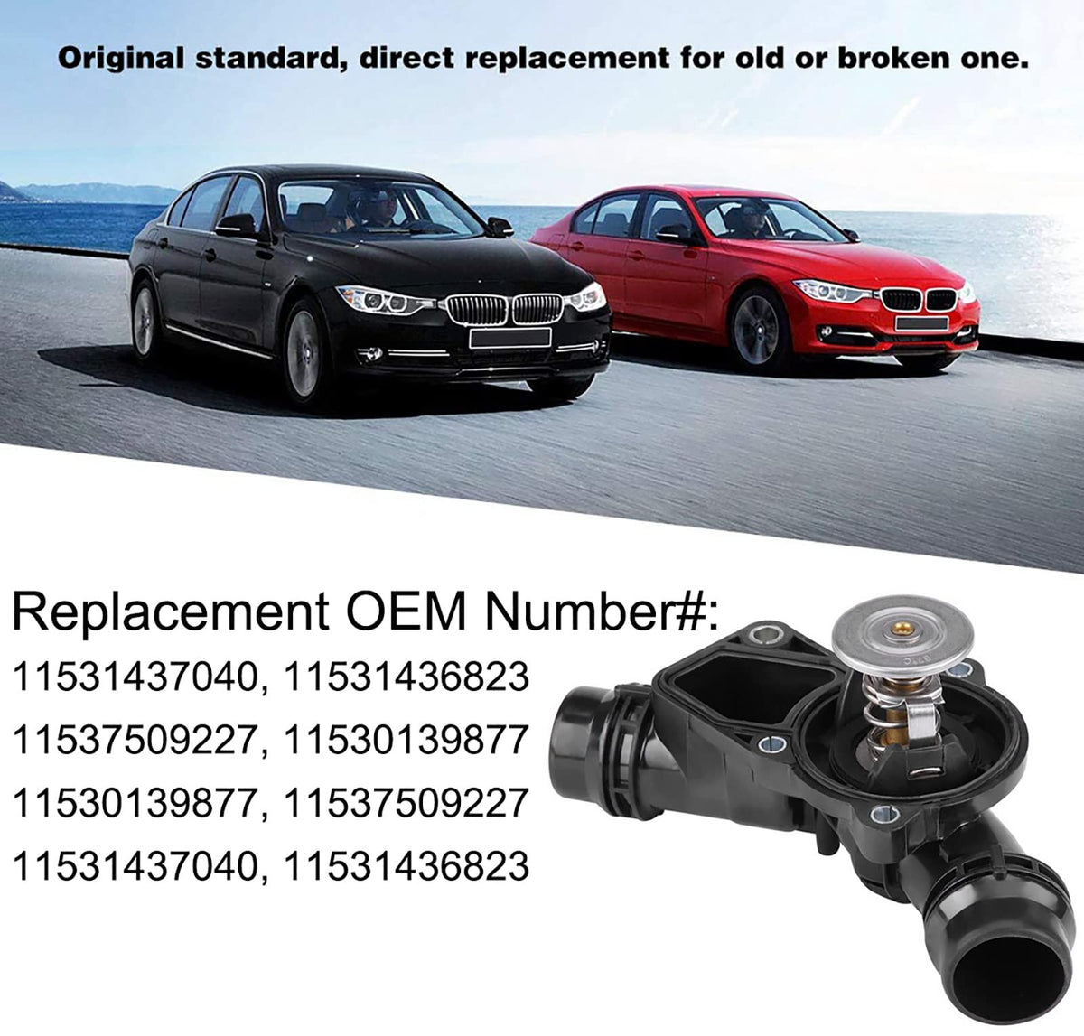 KAKO thermostat installed in BMW engine bay demonstrating direct-fit replacement