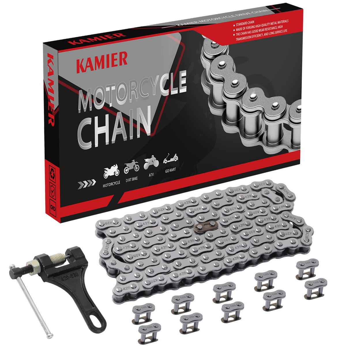 KAMIER front packaging showing chain kit and included tools for quick identification and convenience