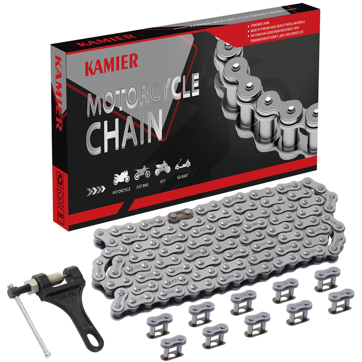 KAMIER front packaging showing full 428 chain kit and included tools for easy replacement