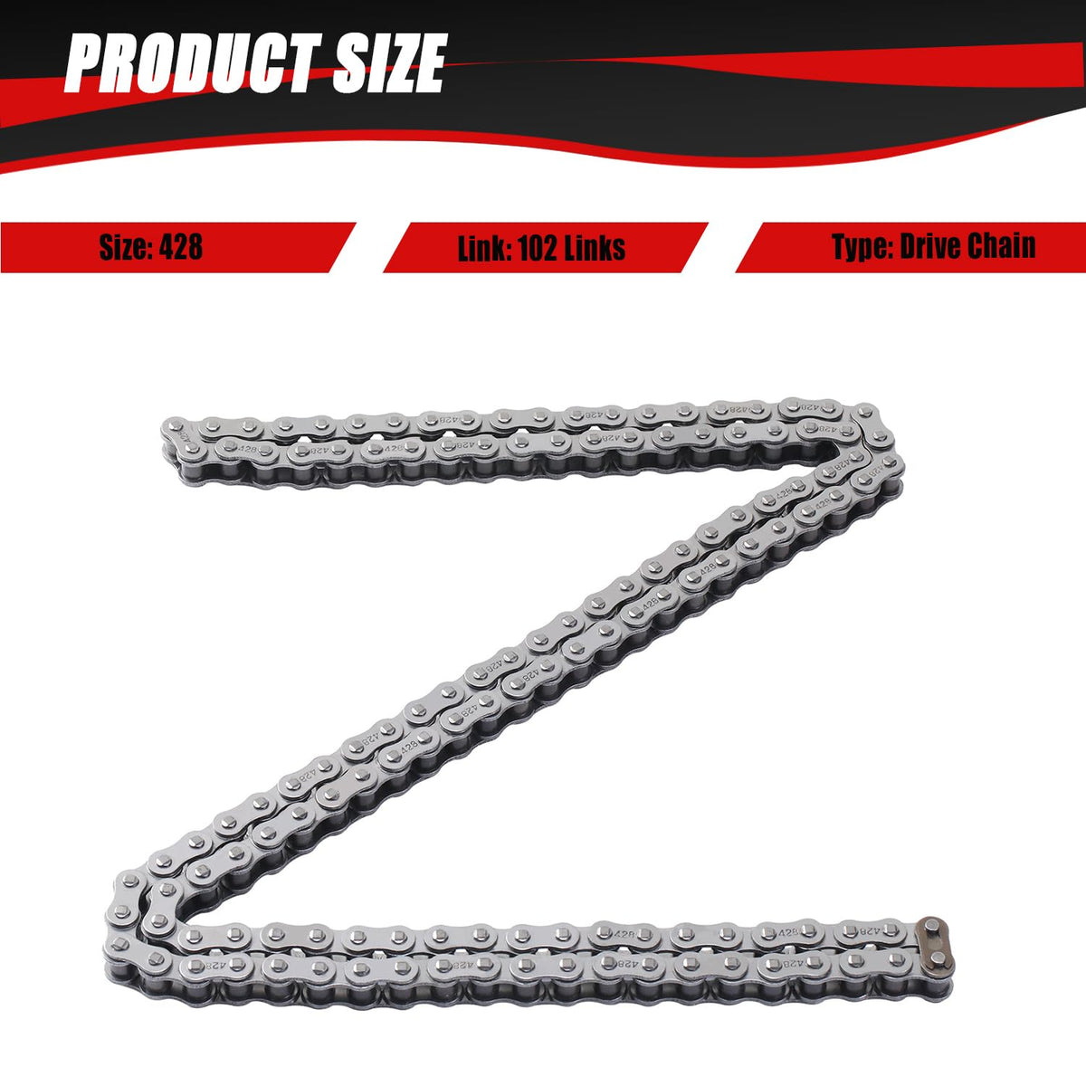KAMIER chain placed next to ruler to show 428 pitch and link count for accurate fitment benefit