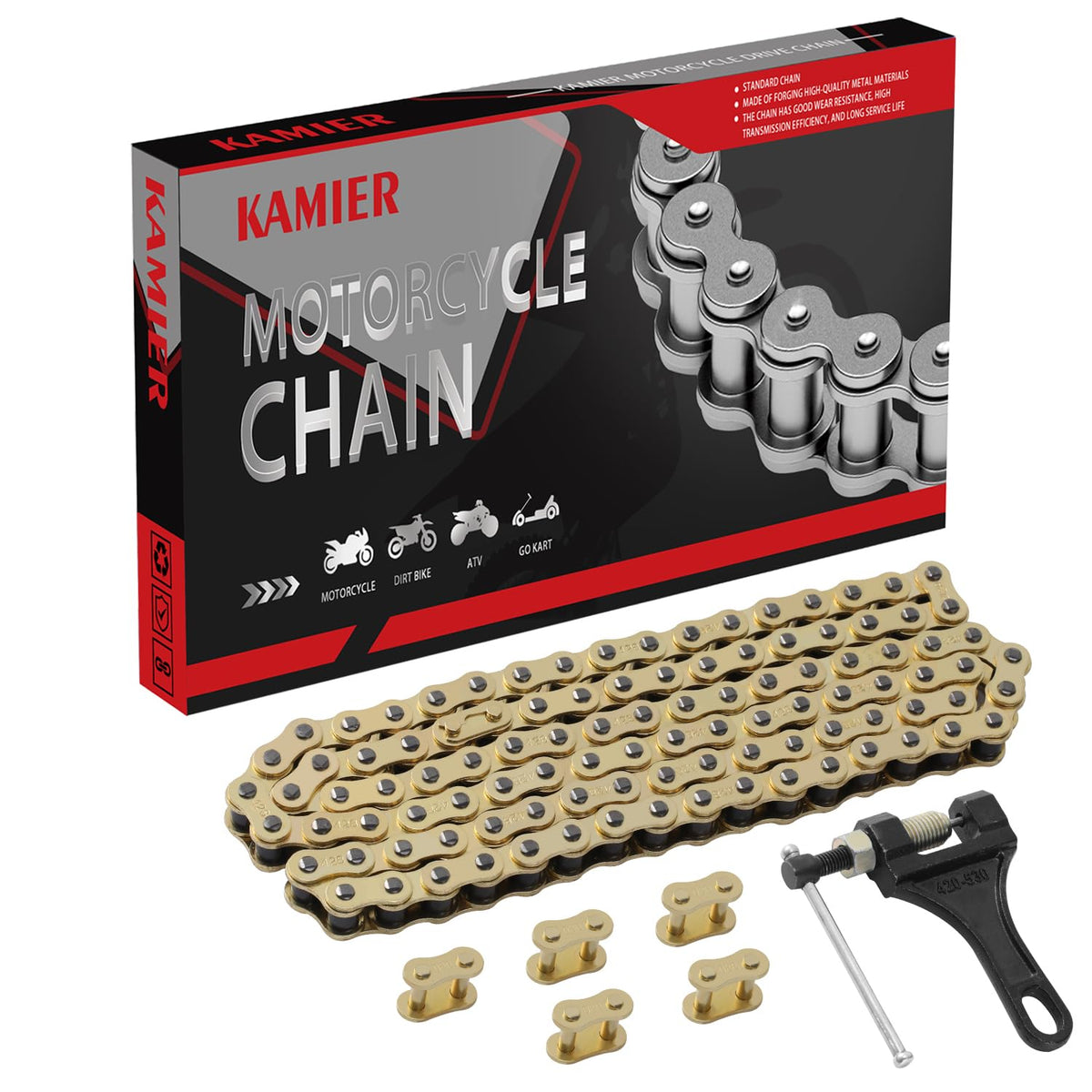 KAMIER front packaging of 428 chain kit showing complete contents and fitment benefits