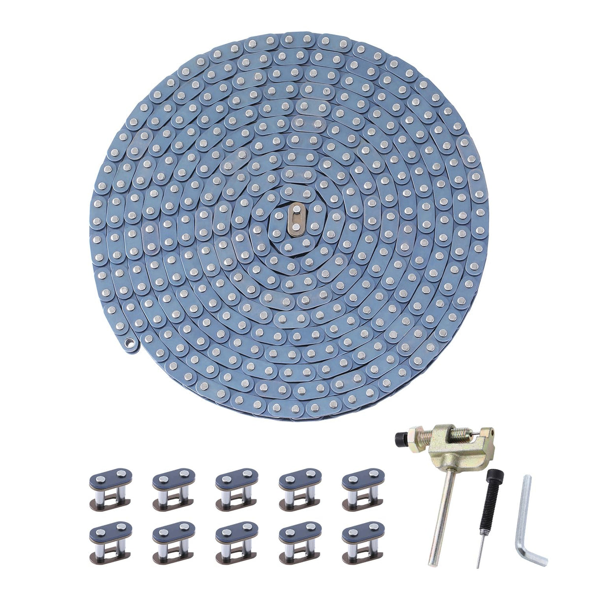 KAMIER front packaging kit showing chain, tool, and master links for quick replacement