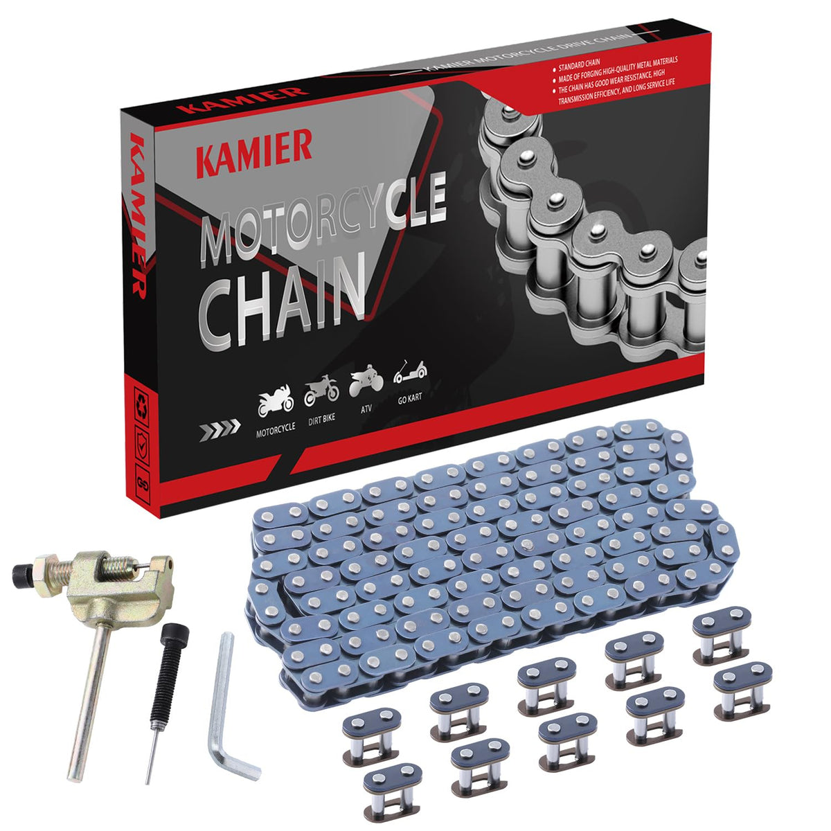KAMIER front packaging showing T8F 134-link kit and included tools for quick identification