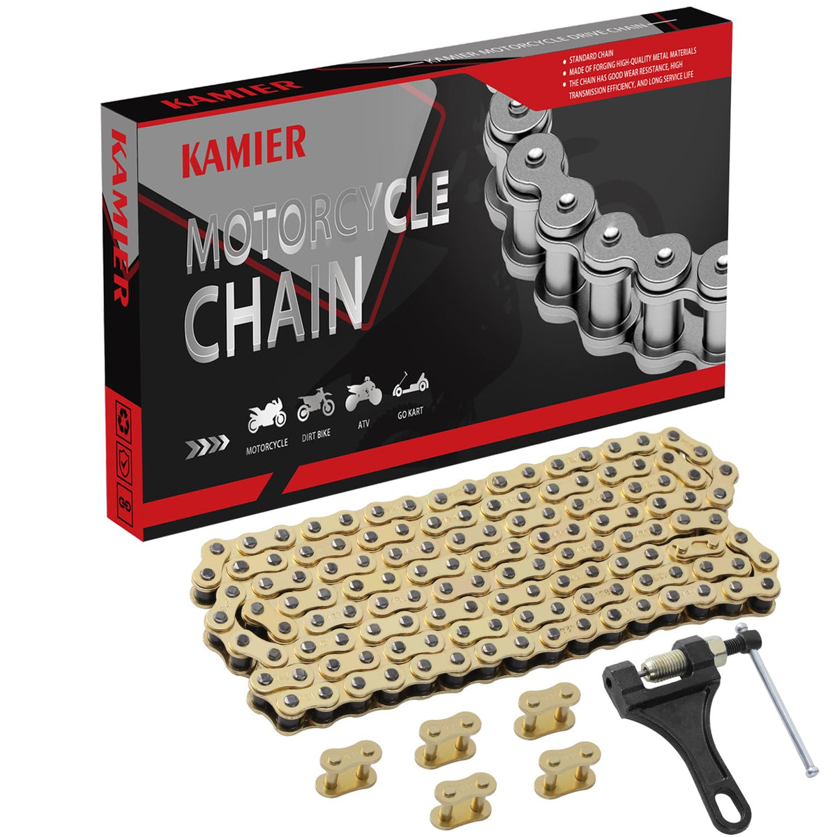KAMIER full package front view showing gold 428 chain and accessories, clear contents