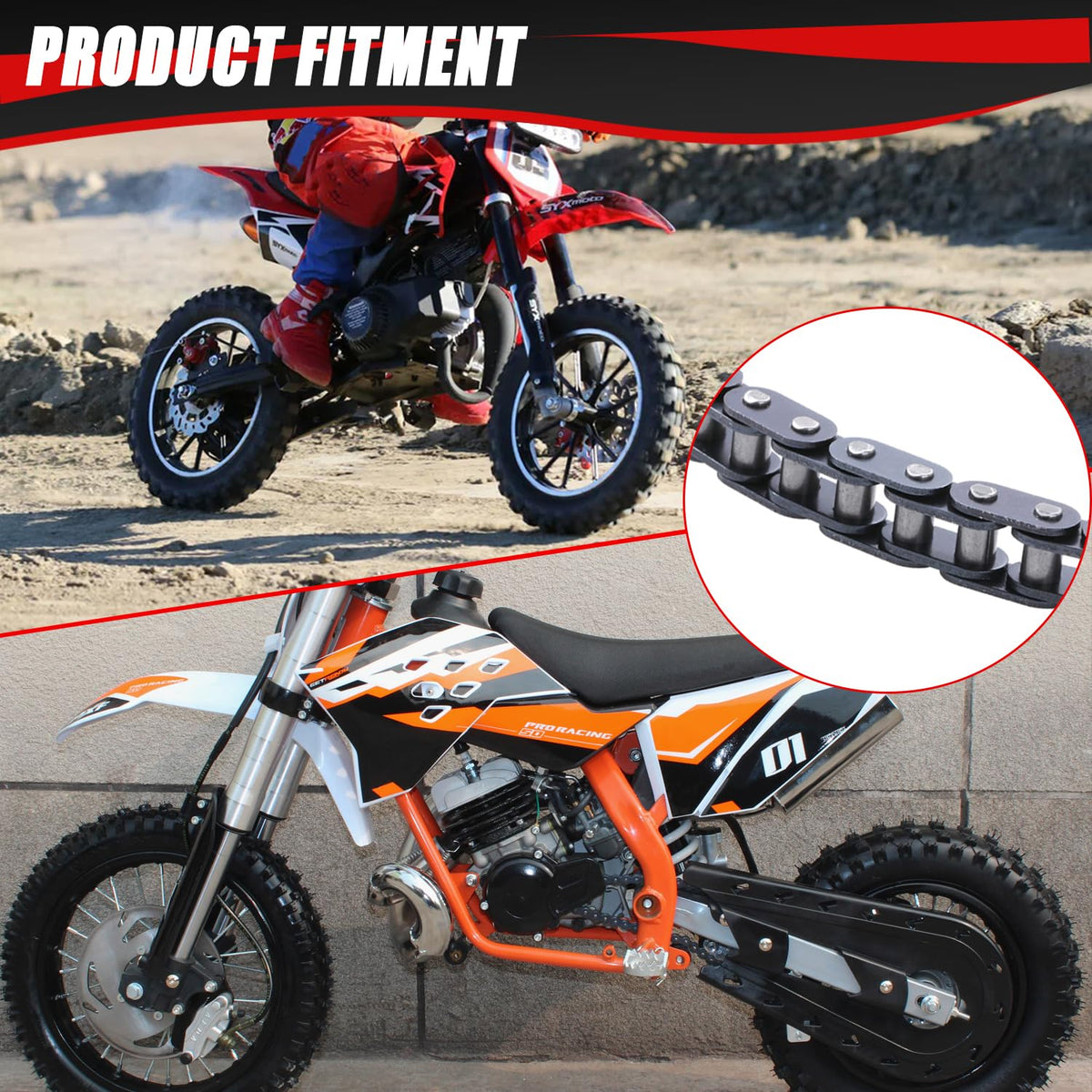 KAMIER chain installed on a mini dirt bike drivetrain demonstrating fit and improved power transfer