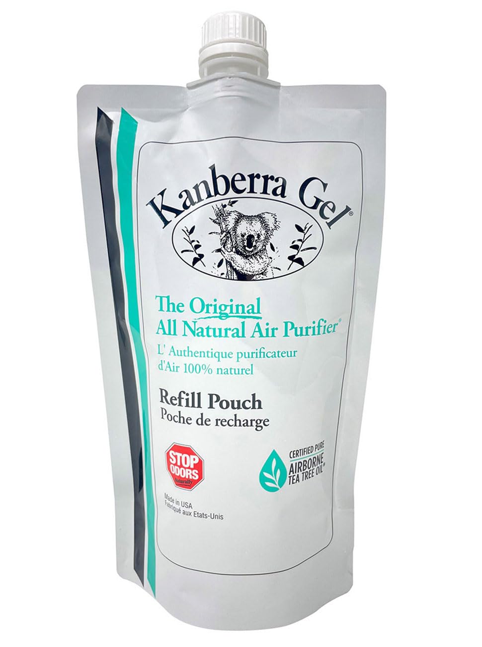 Kanberra front view of refill pouch shows label and size benefit