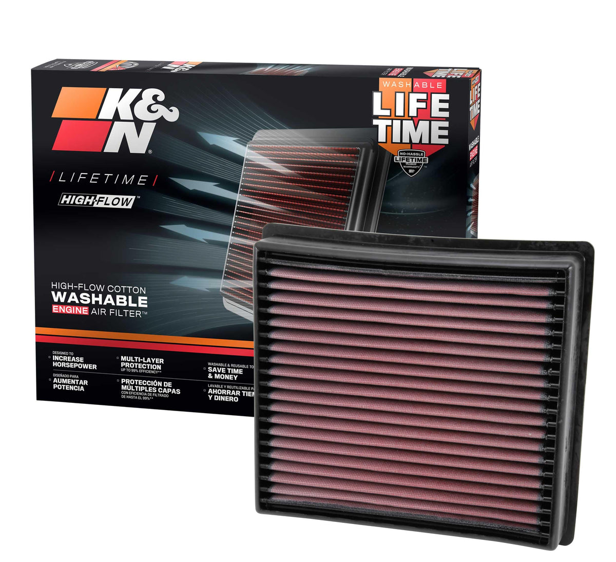 K&N 33-5005 front packaging showing compatible RAM fitment and performance benefit