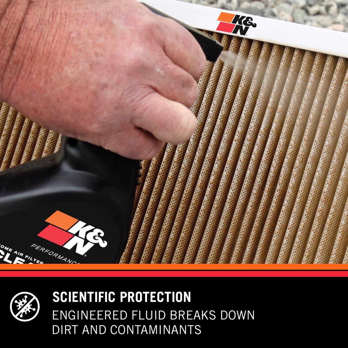K&N visible before and after filter rinse illustrating restored airflow benefit