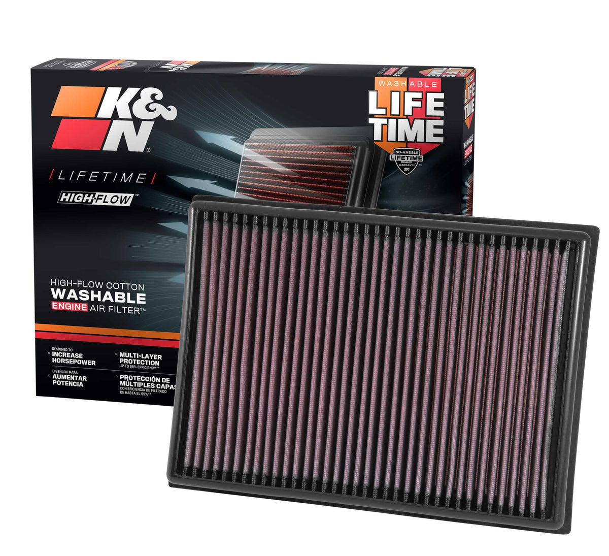 K&N filter front packaging showing model 33-2438 and quick benefits