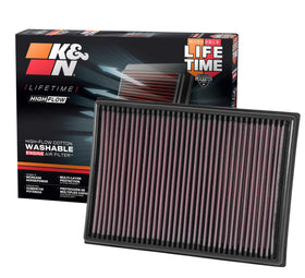 K&N filter front packaging showing model 33-2438 and quick benefits