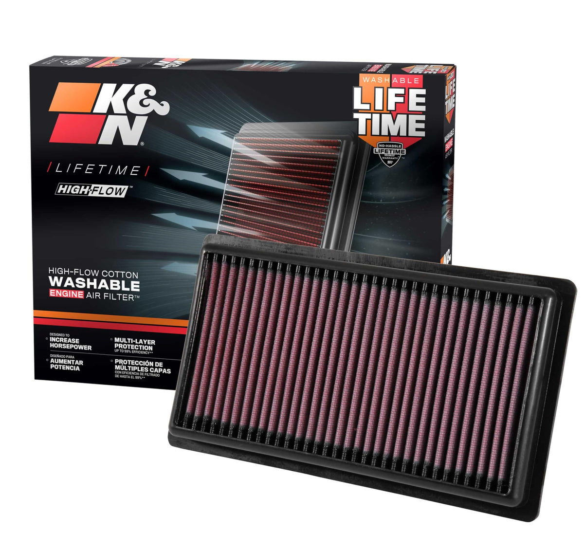 K&N filter front packaging showing model 33-3080 and compatibility benefits