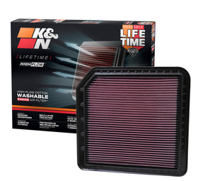 K&N high-flow filter front view showing fit and benefits