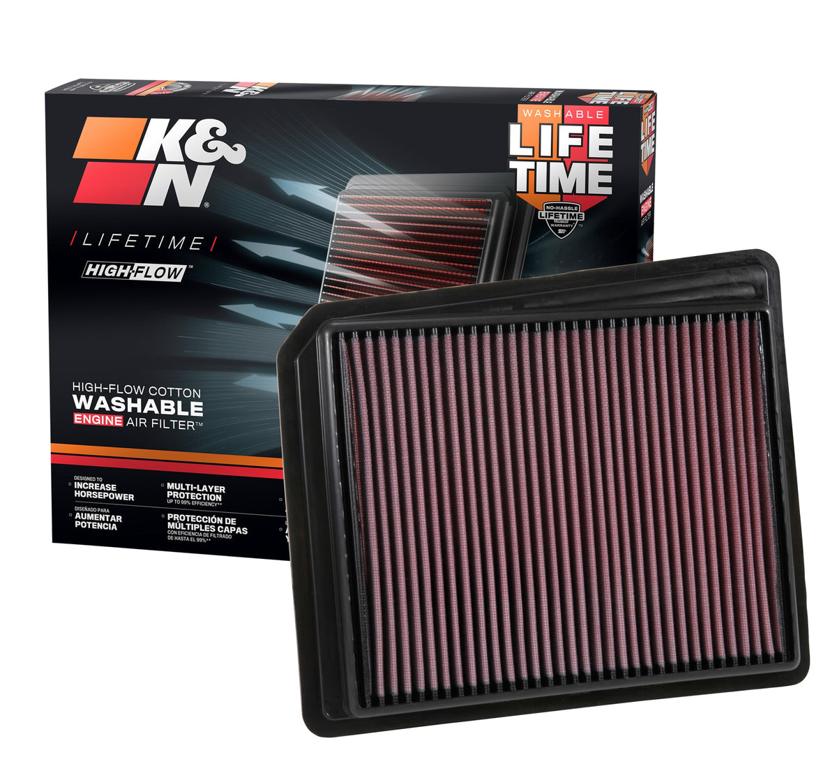 K&N filter front packaging showing part 33-5062 and fitment benefit
