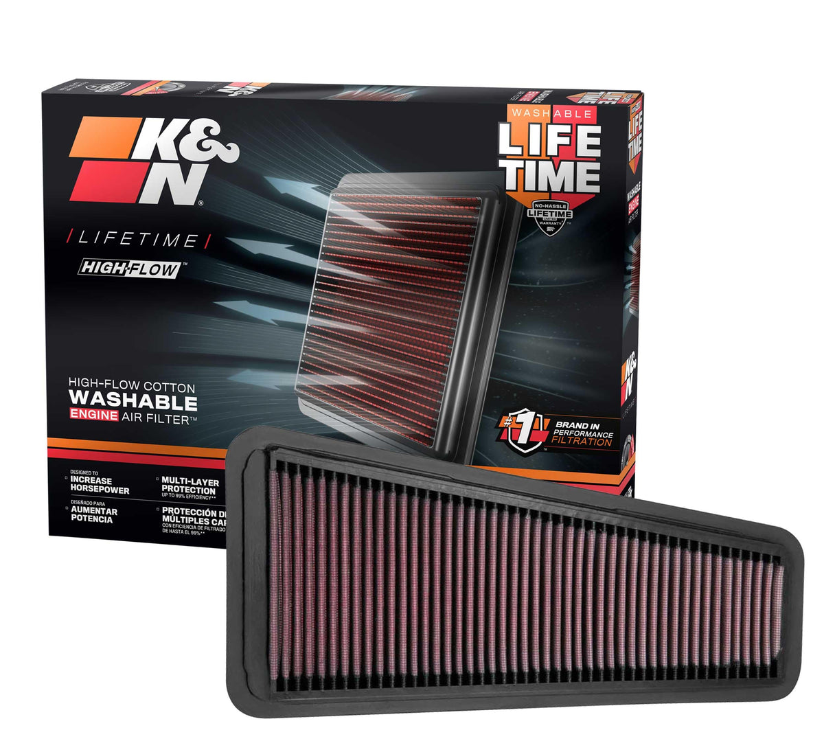 K&N front view of filter showing fit and increased airflow benefit