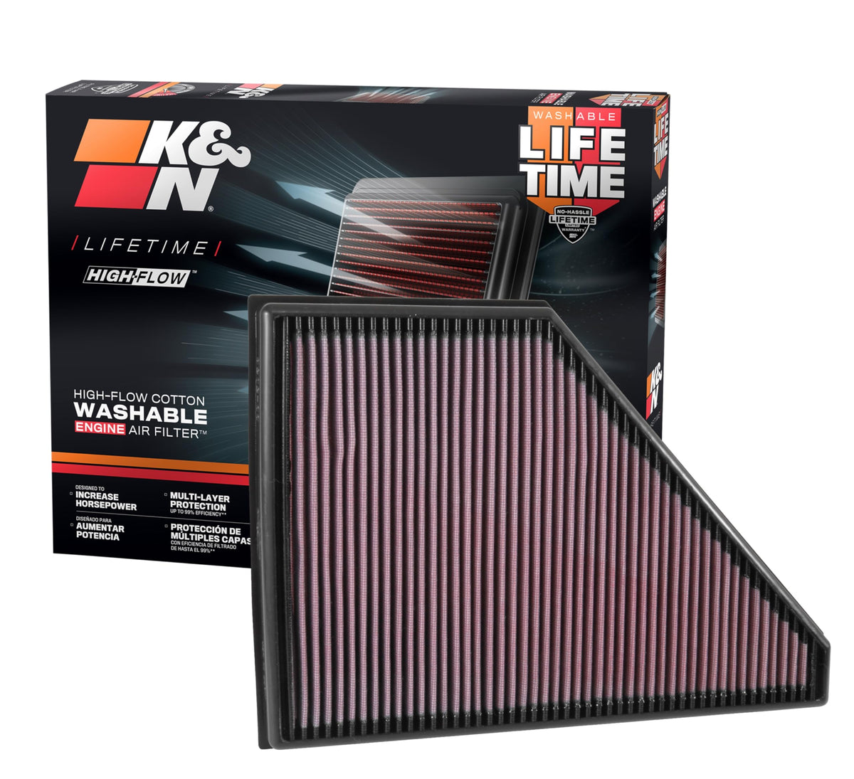 K&N front view of 33-5056 filter showing drop-in fit and durable frame