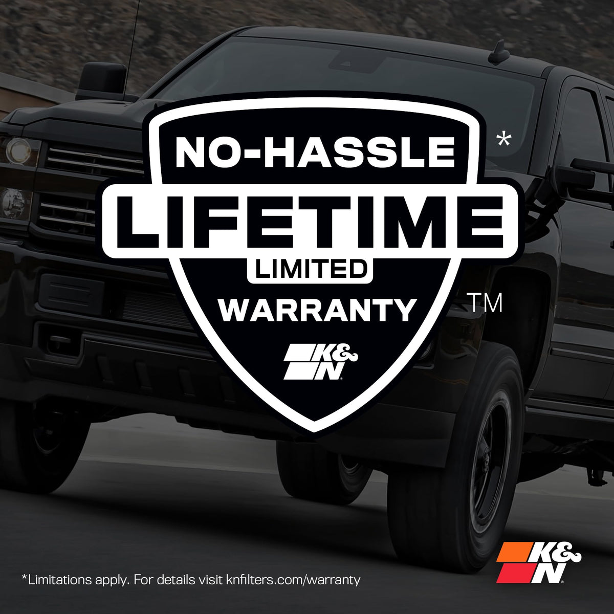 K&N packaging label showing warranty and compatibility details