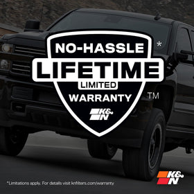 K&N packaging label showing warranty and compatibility details
